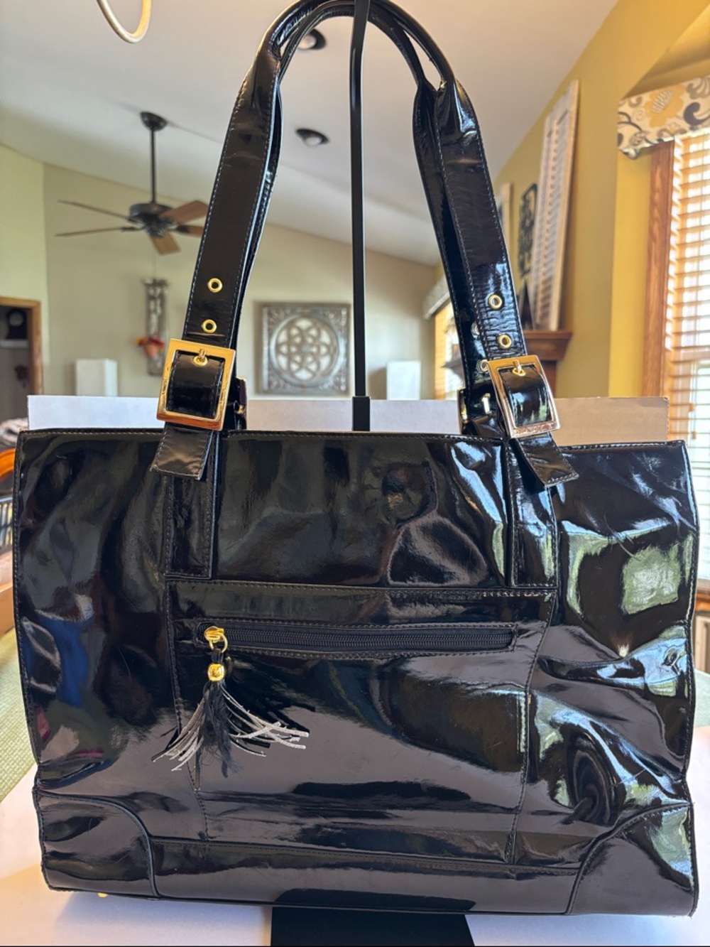Black Patent Tote Bag with Gold Hardware